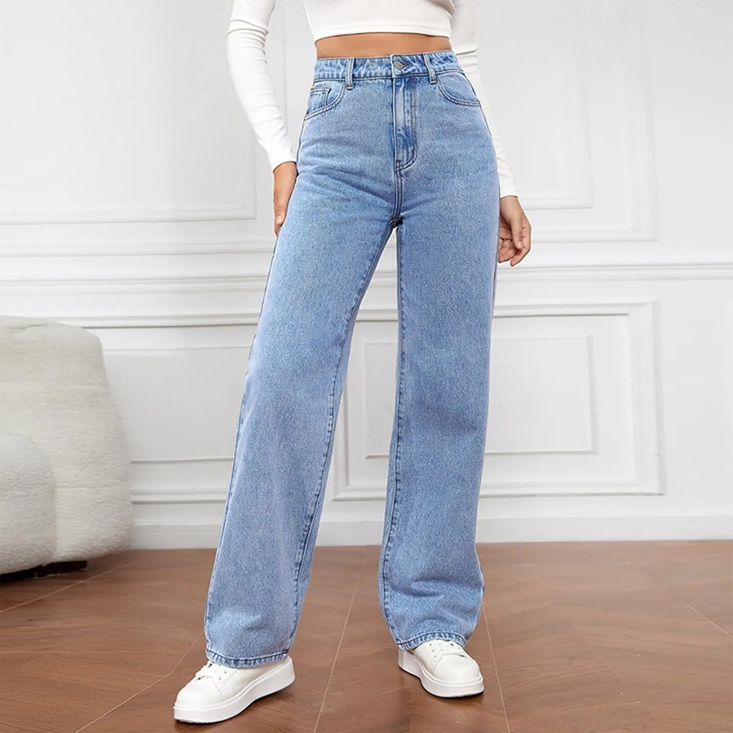 Straight Leg Jeans for Women,Trendy Retro High Waisted Wide Leg Stretch Boyfriend Denim Pants