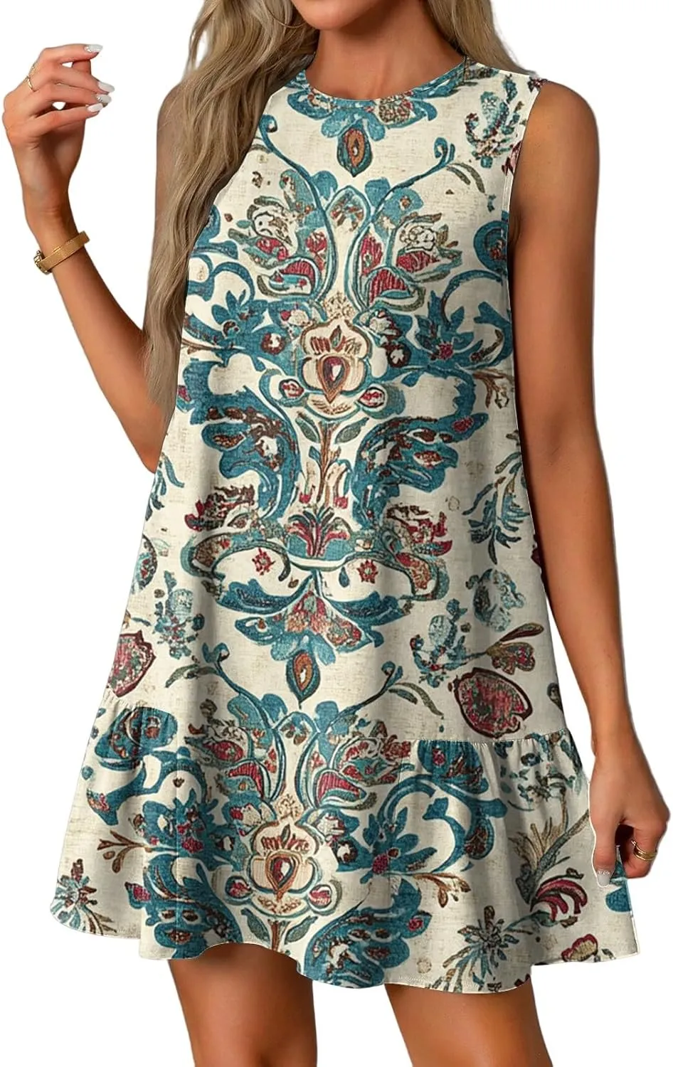 Summer Dresses for Women 2025 Casual Floral Print A-Line Sleeveless Ruffle Hem Round Neck with Pockets Beach Tank Dresses