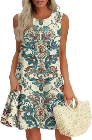 Summer Dresses for Women 2025 Casual Floral Print A-Line Sleeveless Ruffle Hem Round Neck with Pockets Beach Tank Dresses