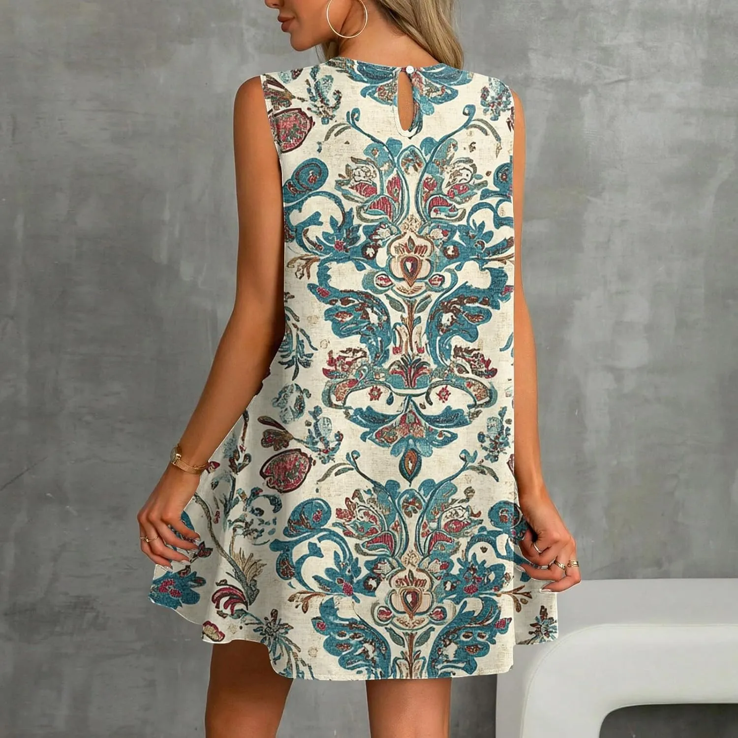 Summer Dresses for Women 2025 Casual Floral Print A-Line Sleeveless Ruffle Hem Round Neck with Pockets Beach Tank Dresses