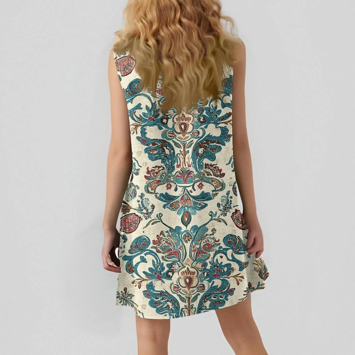Summer Dresses for Women 2025 Casual Floral Print A-Line Sleeveless Ruffle Hem Round Neck with Pockets Beach Tank Dresses