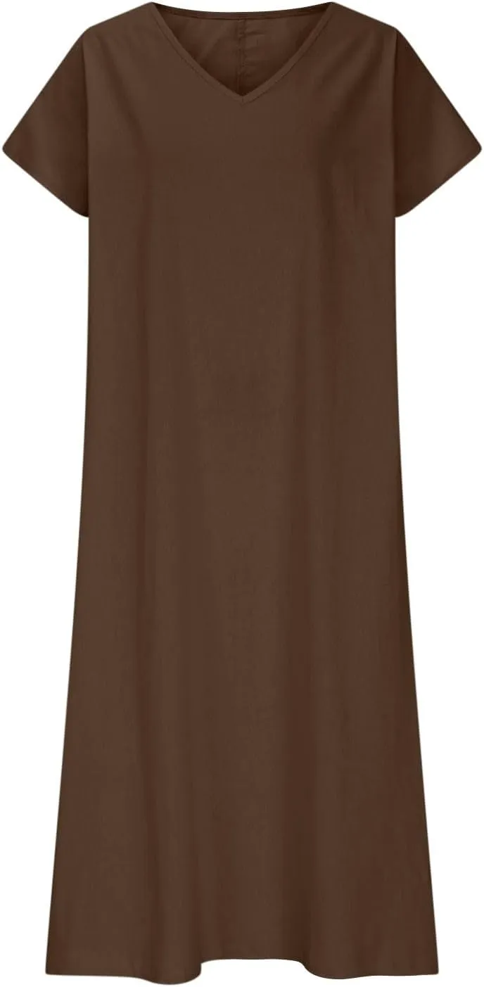 Summer Dresses for Women 2025 Fashion Vacation Short Sleeve Long Cotton Linen Dress Beach Maxi Sundress Clothes