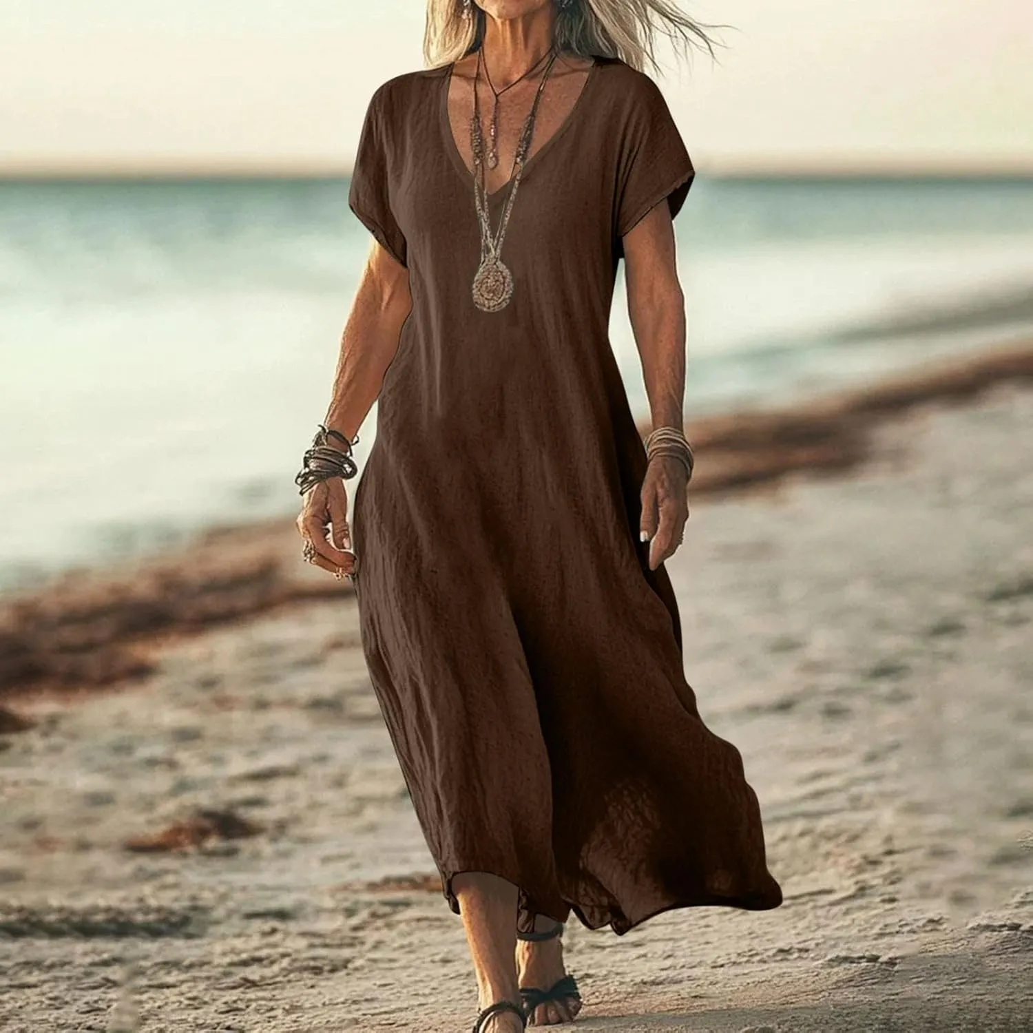 Summer Dresses for Women 2025 Fashion Vacation Short Sleeve Long Cotton Linen Dress Beach Maxi Sundress Clothes