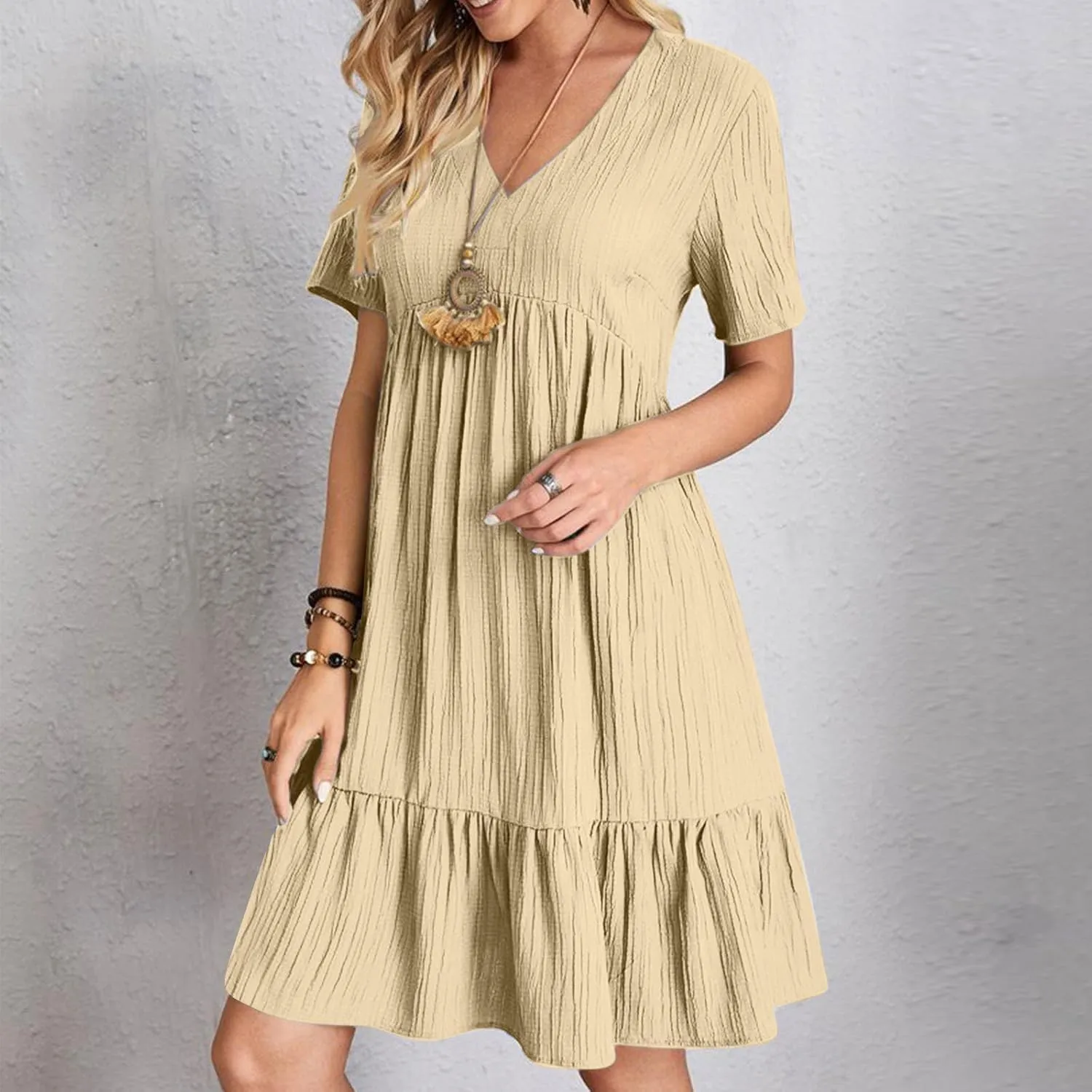 Summer Dresses for Women 2025 Short Sleeve v Neck T Shirt Mini Dress Pleated Ruffle Flowy Beach Vacation Sundresses