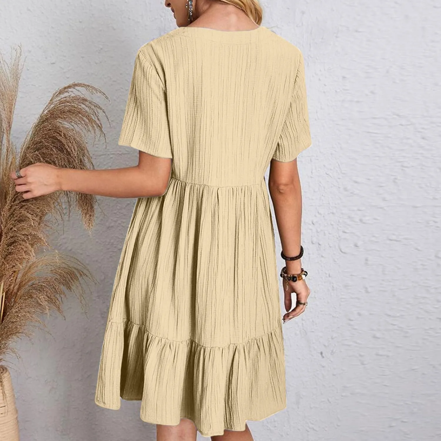 Summer Dresses for Women 2025 Short Sleeve v Neck T Shirt Mini Dress Pleated Ruffle Flowy Beach Vacation Sundresses