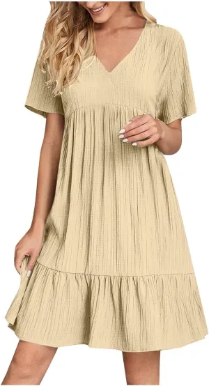 Summer Dresses for Women 2025 Short Sleeve v Neck T Shirt Mini Dress Pleated Ruffle Flowy Beach Vacation Sundresses