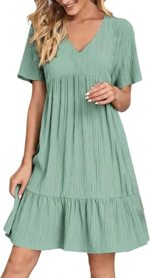Summer Dresses for Women 2025 Trendy Short Sleeve Pleated Midi Dress Casual Flowy V Neck Elegant Beach Sundresses