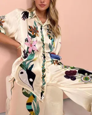 Summer Floral Fruit Short Sleeve Shirt Wide Leg Pant Vintage Graffiti 2 Pieces Pants Sets Vacation Beachwear Suit for Women