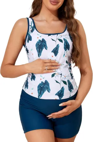 Summer Mae Maternity Tankini Two-Piece Swimsuit High Waist Boyshort Bathing Suit Cutout Sporty Pregnancy Swimwear