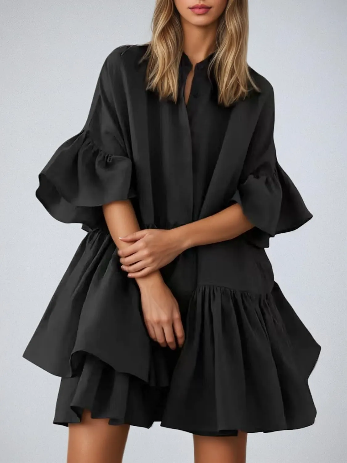 Summer Ruffle Midi Dress for Women Boho Half Sleeve Button Down Asymmetric Casual Flowy Beach Vacation Shirt Dress