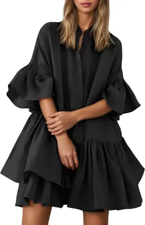 Summer Ruffle Midi Dress for Women Boho Half Sleeve Button Down Asymmetric Casual Flowy Beach Vacation Shirt Dress