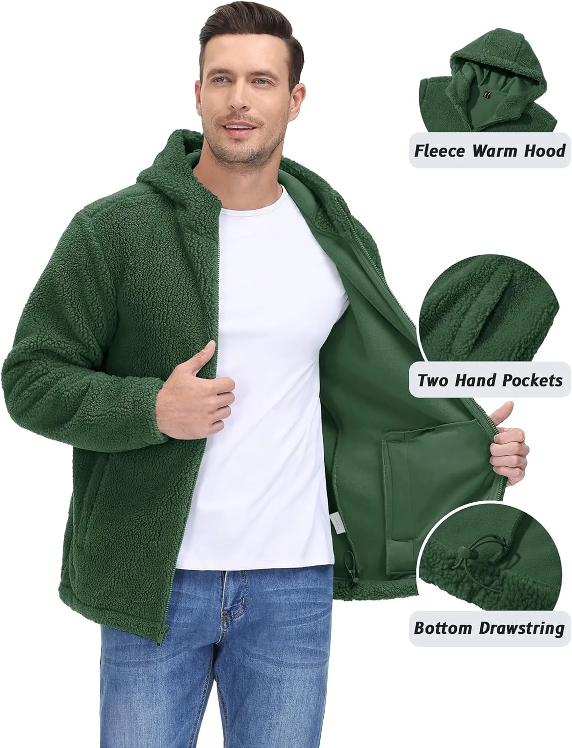 TACVASEN Men's Fuzzy Sherpa Jacket Fleece Lined Zip Up Hoodies Winter Thermal Work Casual Warm Jackets Plain Coats