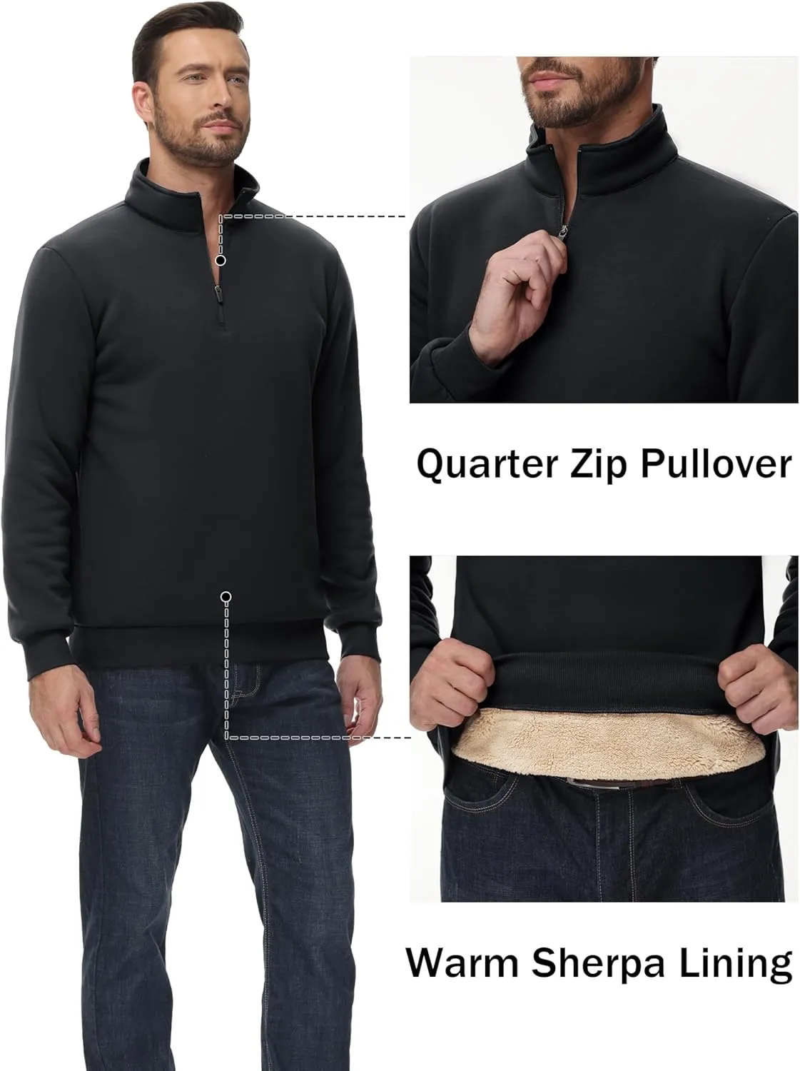 TACVASEN Men's Quarter Zip Sweatshirt Sherpa Lined Fleece Zipper Pullover Heavyweight Winter Warm Cotton Sweater