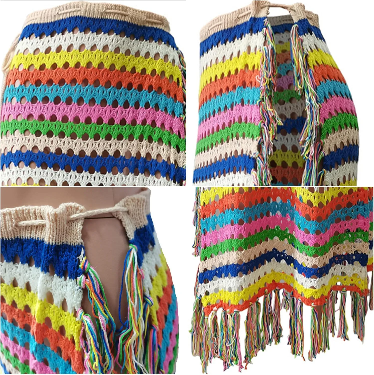 Tcremisa Women's Crochet Cover Up Skirts High Waist Split Knit Tie Up Mesh Beach Cover Up Swimwear