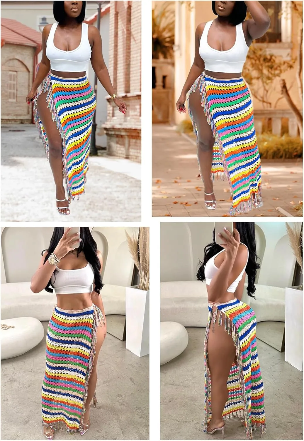 Tcremisa Women's Crochet Cover Up Skirts High Waist Split Knit Tie Up Mesh Beach Cover Up Swimwear