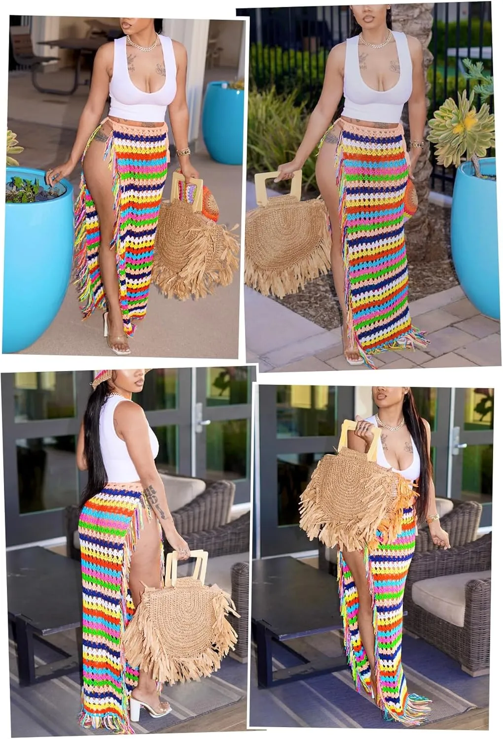 Tcremisa Women's Crochet Cover Up Skirts High Waist Split Knit Tie Up Mesh Beach Cover Up Swimwear