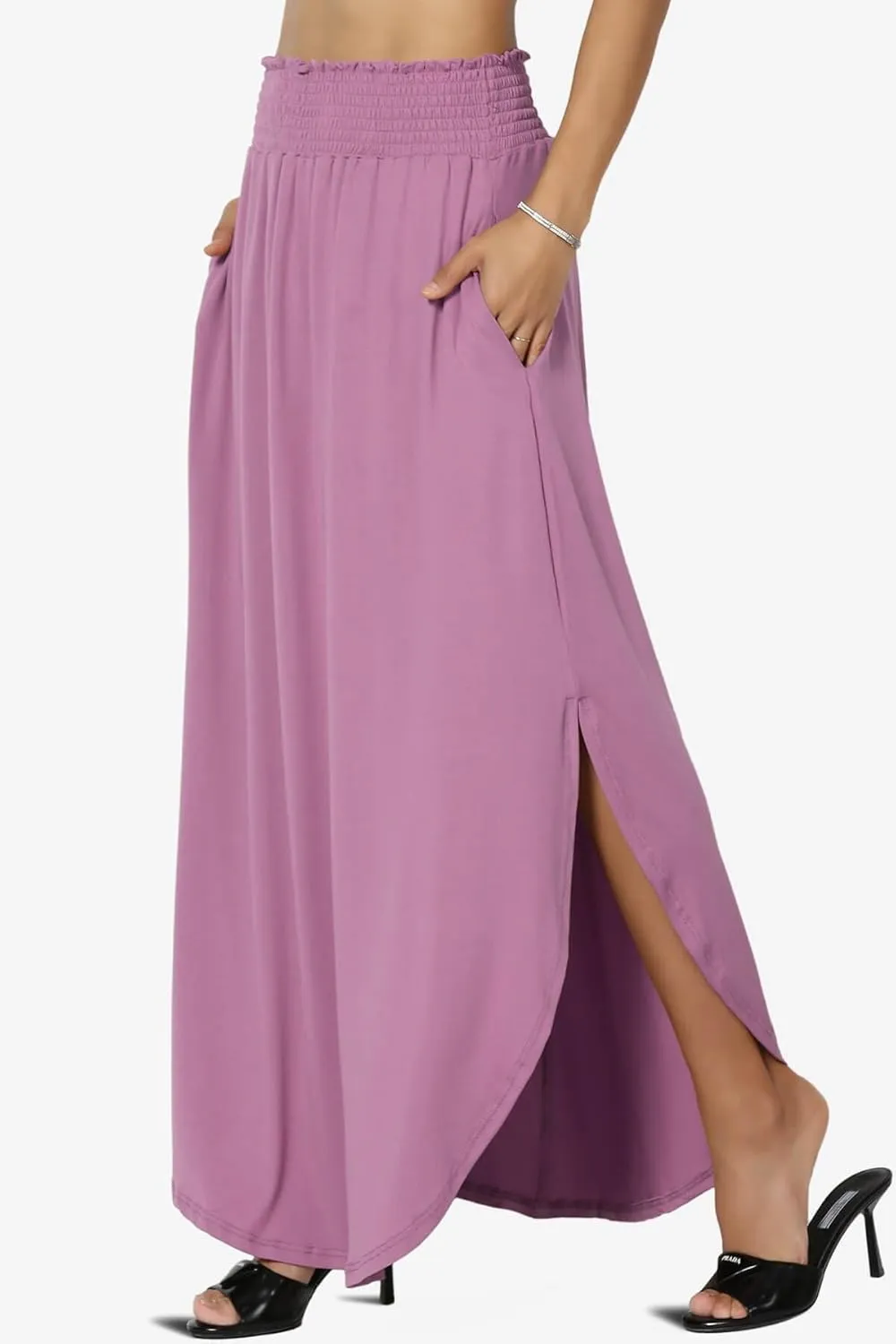 TheMogan Women's Smocked Waist Band Side Split Curved Hem Long Maxi Skirt with Pocket