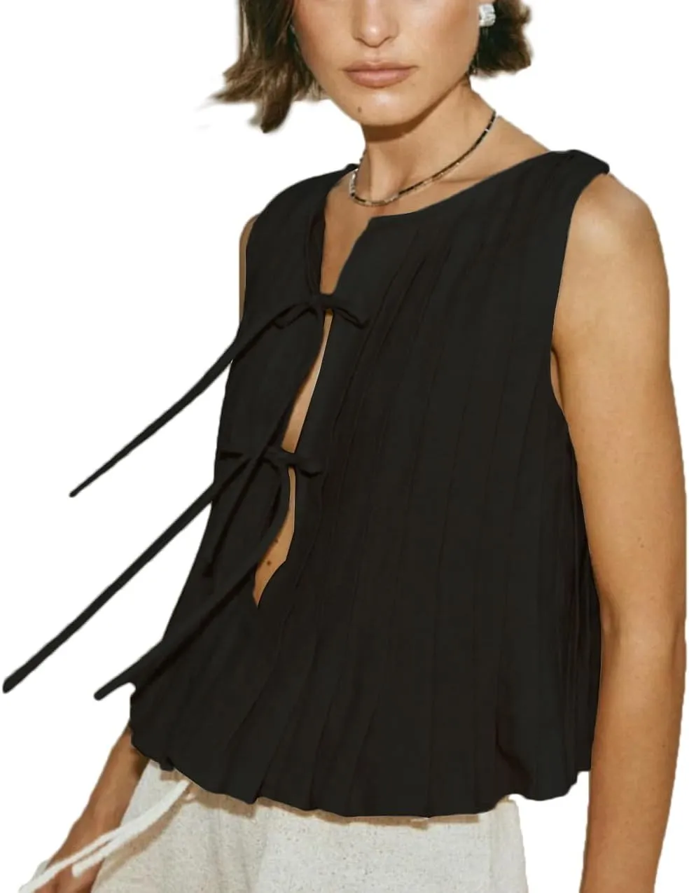 Tie Front Tank Tops for Women Y2K Bow Sleeveless Coquette Pleated Ruffle Shirts Summer 2024 Babydoll Top