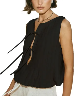 Tie Front Tank Tops for Women Y2K Bow Sleeveless Coquette Pleated Ruffle Shirts Summer 2024 Babydoll Top