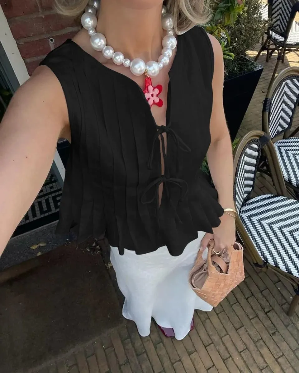 Tie Front Tank Tops for Women Y2K Bow Sleeveless Coquette Pleated Ruffle Shirts Summer 2024 Babydoll Top
