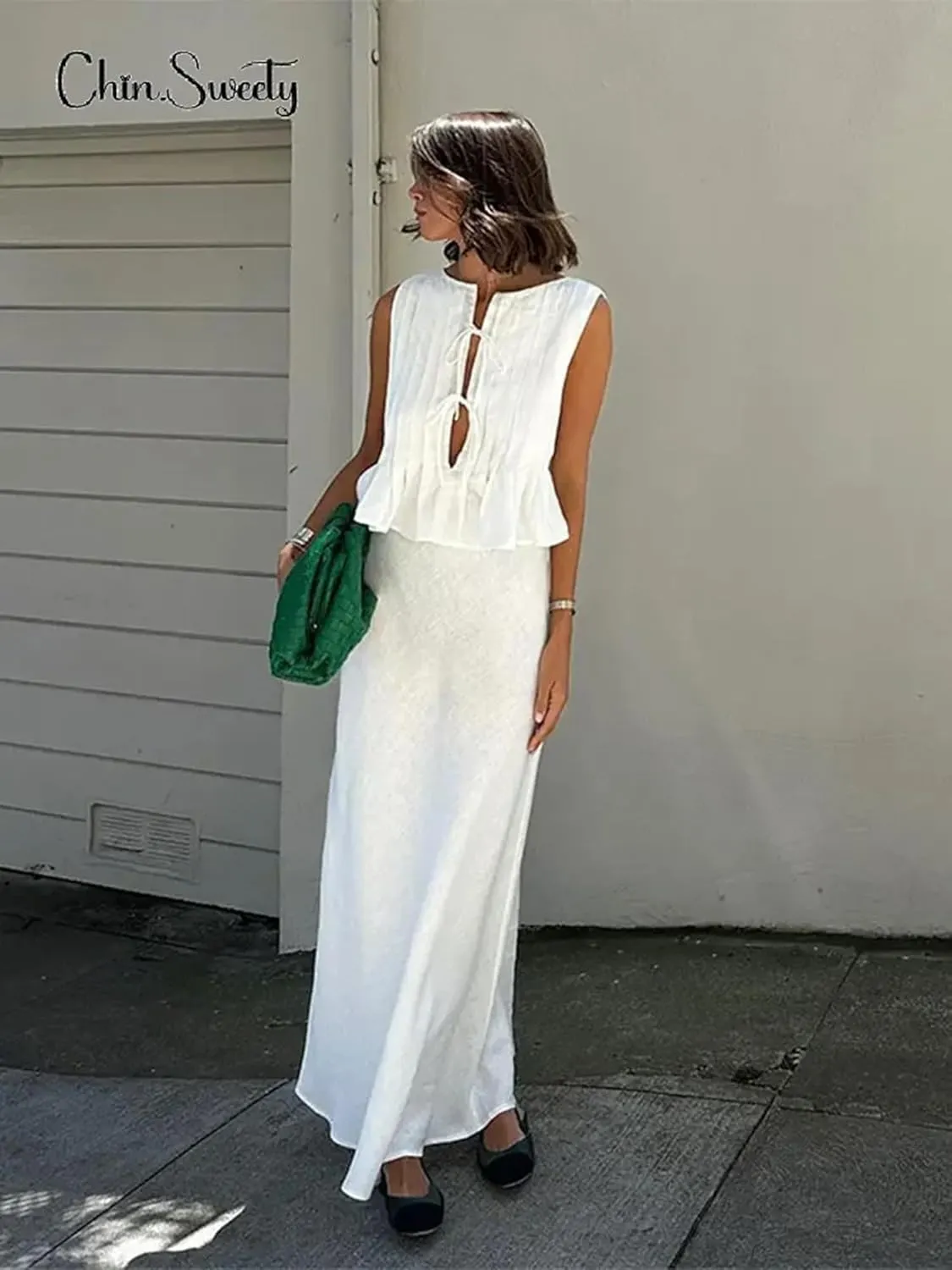 Tie Front Tank Tops for Women Y2K Bow Sleeveless Coquette Pleated Ruffle Shirts Summer 2024 Babydoll Top