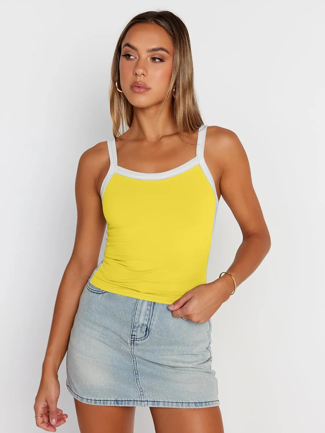 Trendy Queen Women's Double Lined Tank Tops Spaghetti Strap Square Neck Camisole Sleeveless Racerback Cropped Summer Clothes