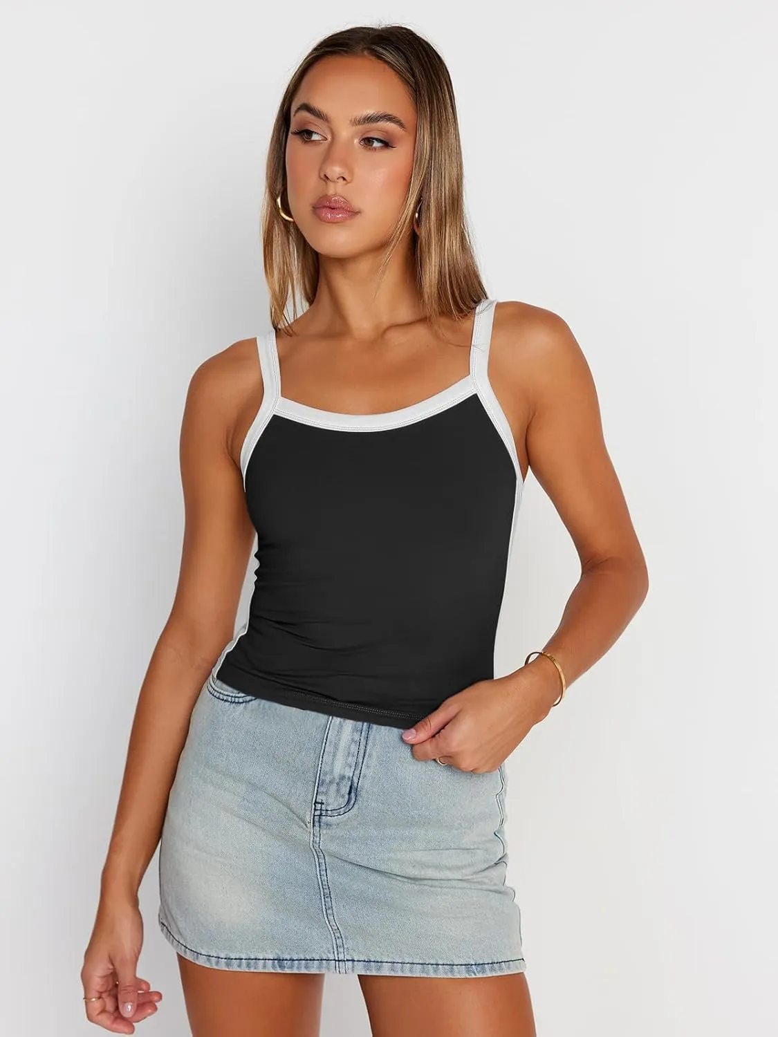 Trendy Queen Women's Double Lined Tank Tops Spaghetti Strap Square Neck Camisole Sleeveless Racerback Cropped Summer Clothes