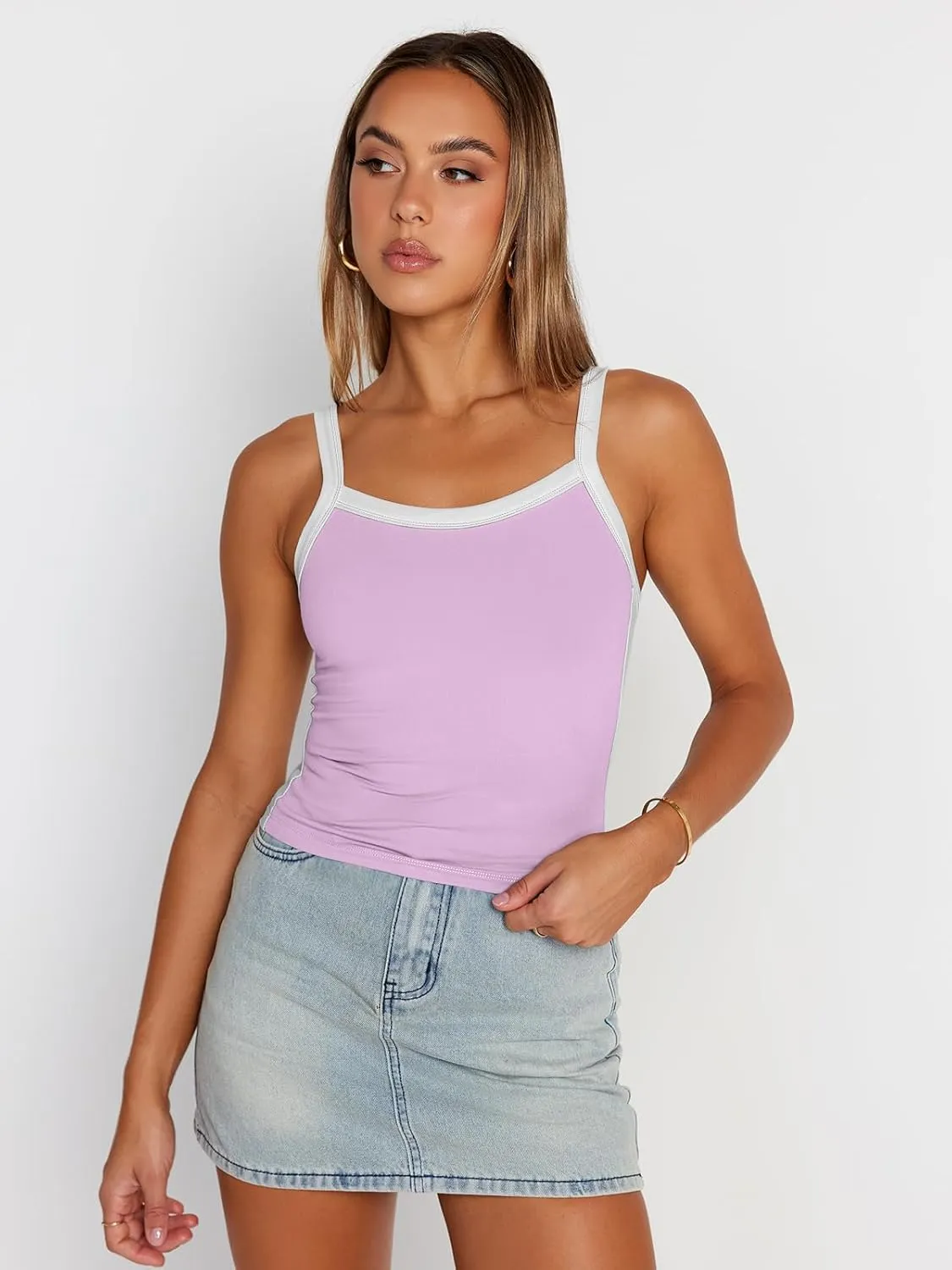 Trendy Queen Women's Double Lined Tank Tops Spaghetti Strap Square Neck Camisole Sleeveless Racerback Cropped Summer Clothes