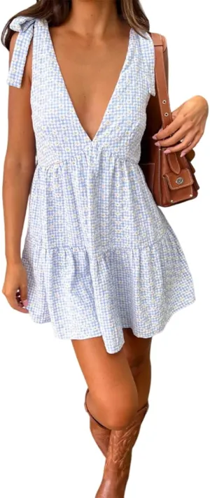 utcoco Women's 2025 Summer A Line Flowy Plaid Mini Dress Y2k Tie Shoulder Babydoll Dress Beach Vacation Outfits