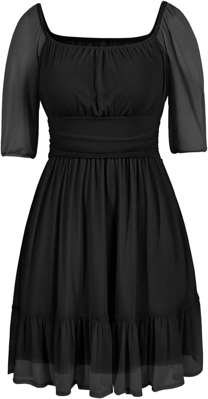 Wenrine Womens Puff Short Sleeve Mini Dress Mesh Square Neck High Waist Ruffle Hem Flowy Party A Line Dress