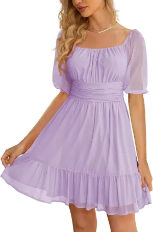 Wenrine Womens Puff Short Sleeve Mini Dress Mesh Square Neck High Waist Ruffle Hem Flowy Party A Line Dress