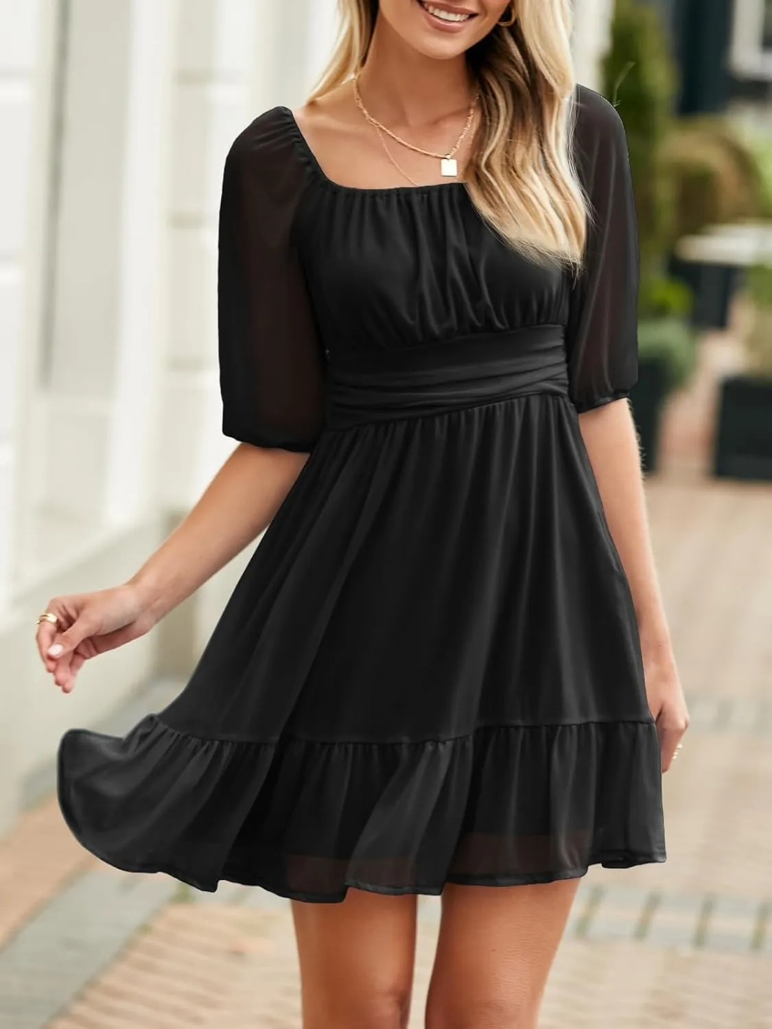 Wenrine Womens Puff Short Sleeve Mini Dress Mesh Square Neck High Waist Ruffle Hem Flowy Party A Line Dress