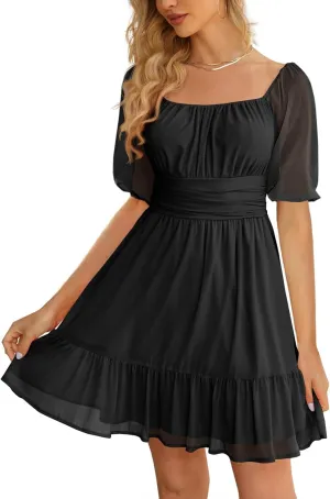 Wenrine Womens Puff Short Sleeve Mini Dress Mesh Square Neck High Waist Ruffle Hem Flowy Party A Line Dress