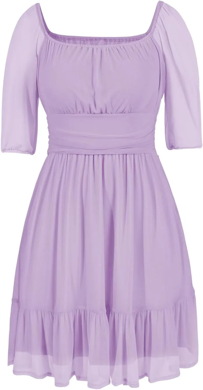 Wenrine Womens Puff Short Sleeve Mini Dress Mesh Square Neck High Waist Ruffle Hem Flowy Party A Line Dress