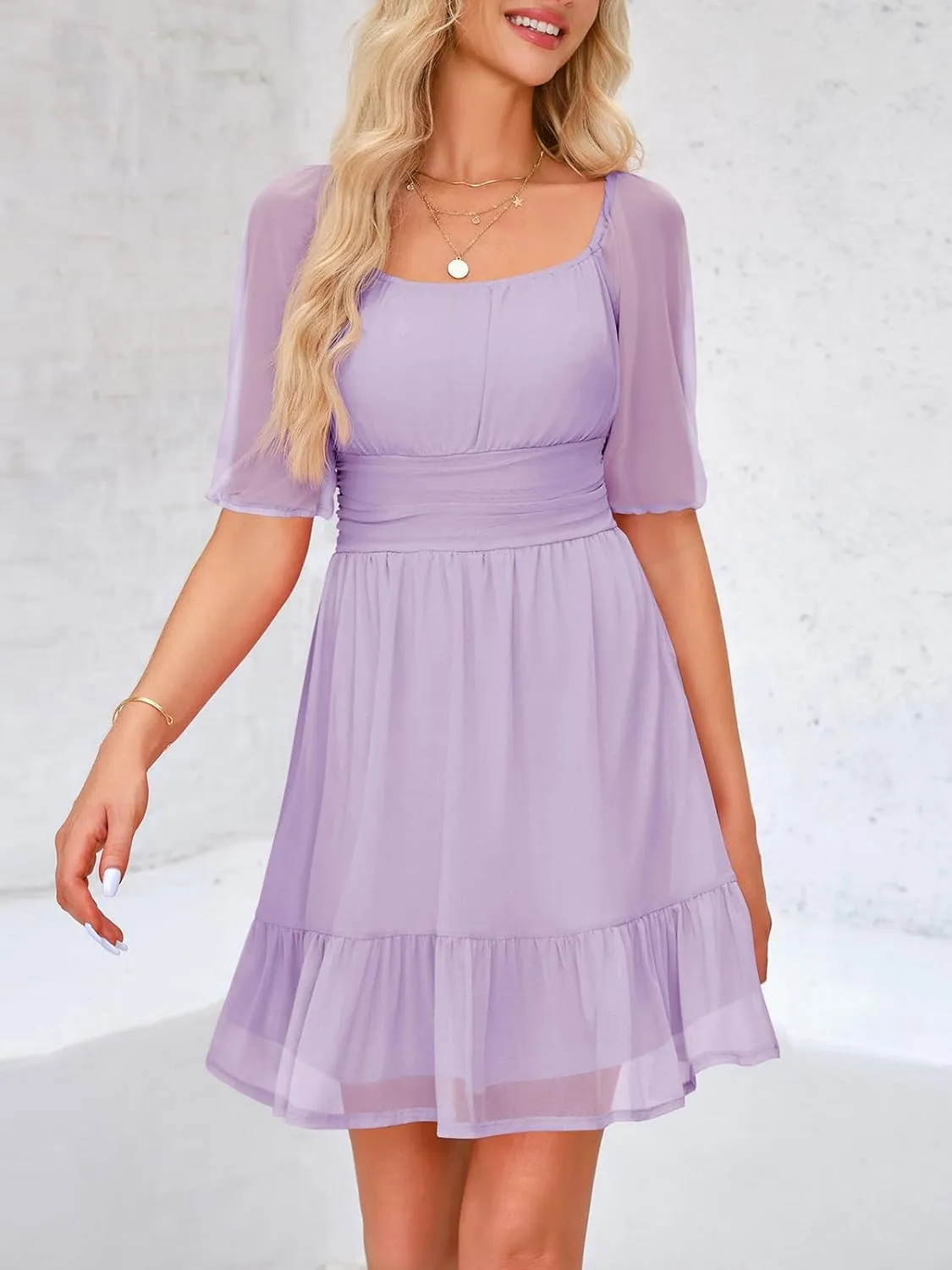 Wenrine Womens Puff Short Sleeve Mini Dress Mesh Square Neck High Waist Ruffle Hem Flowy Party A Line Dress
