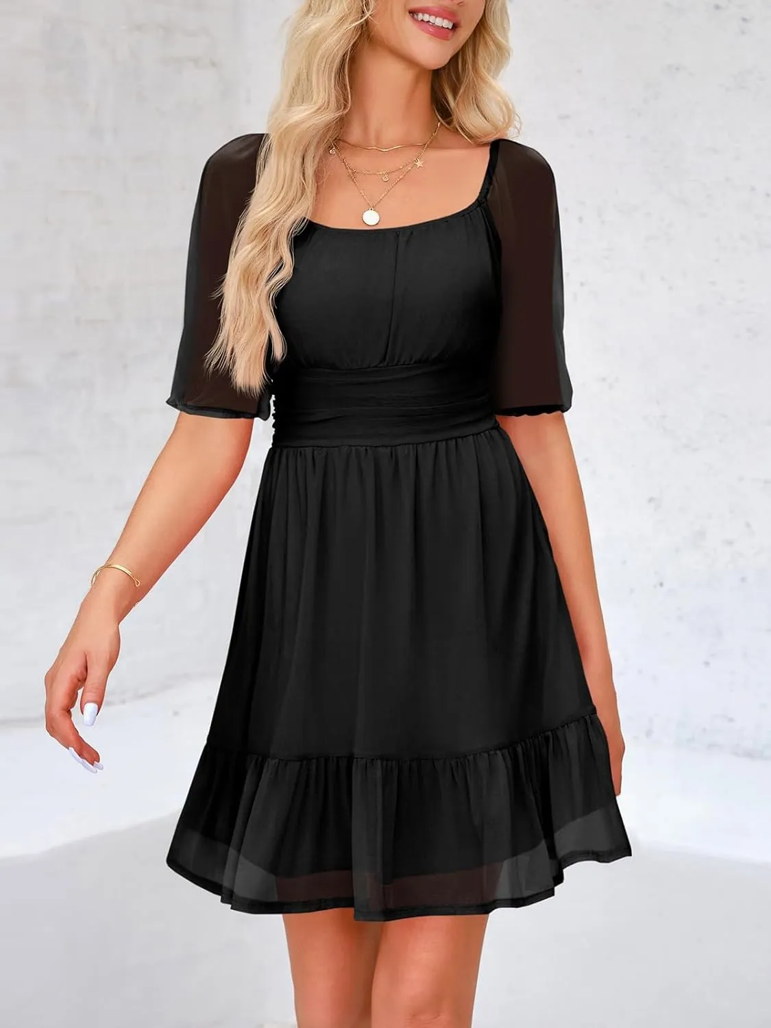 Wenrine Womens Puff Short Sleeve Mini Dress Mesh Square Neck High Waist Ruffle Hem Flowy Party A Line Dress