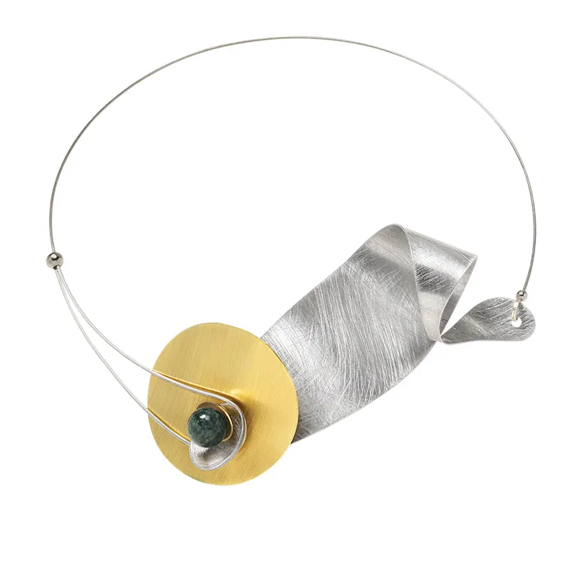 WIND - Short Wavy Artistic Metal Statement Necklace with Front Closure from the SCULPTURAL Collection with Simulated Pearl or Jade option