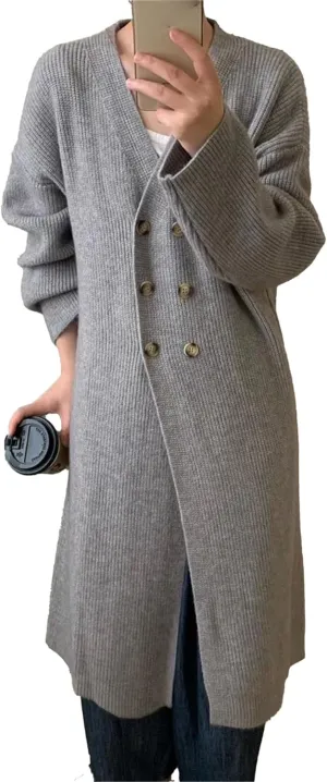 Women Double Breasted Coats Jacket Winter Trendy Solid Color Knit Overcoat Long Sleeve Maxi Long Trench Coat