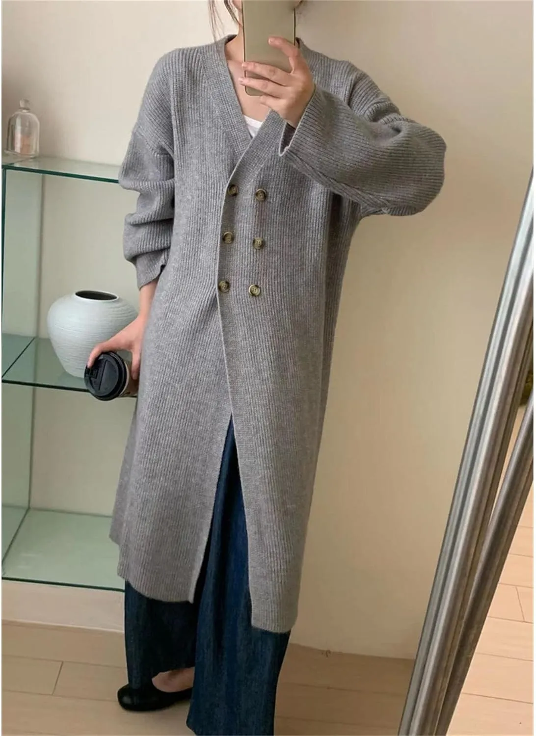 Women Double Breasted Coats Jacket Winter Trendy Solid Color Knit Overcoat Long Sleeve Maxi Long Trench Coat