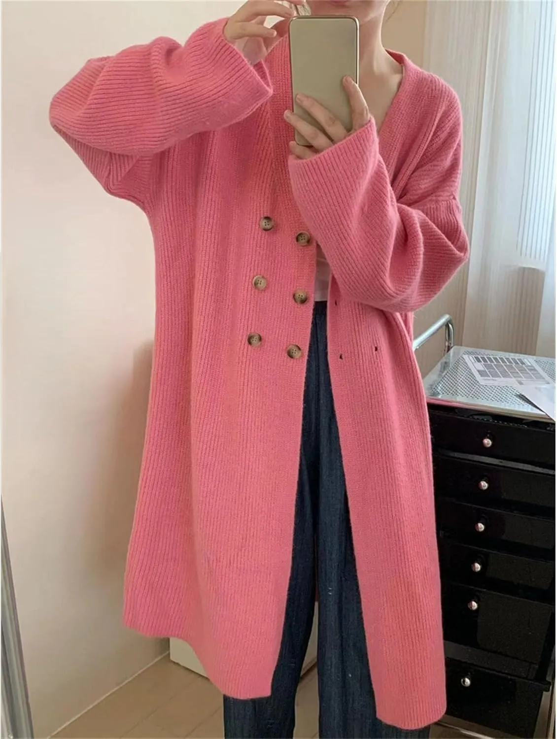 Women Double Breasted Coats Jacket Winter Trendy Solid Color Knit Overcoat Long Sleeve Maxi Long Trench Coat