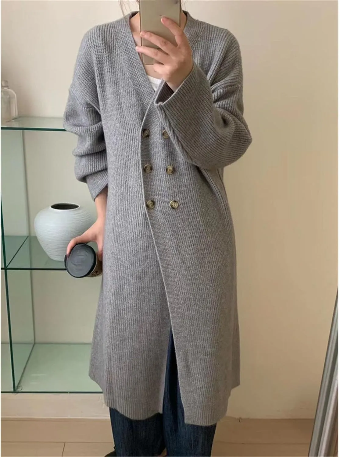 Women Double Breasted Coats Jacket Winter Trendy Solid Color Knit Overcoat Long Sleeve Maxi Long Trench Coat
