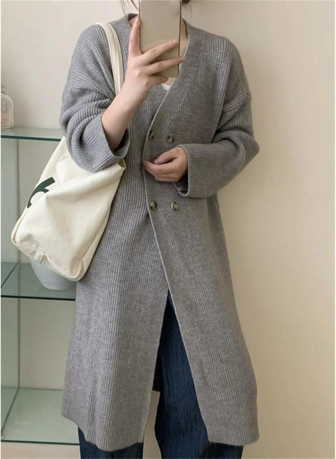 Women Double Breasted Coats Jacket Winter Trendy Solid Color Knit Overcoat Long Sleeve Maxi Long Trench Coat