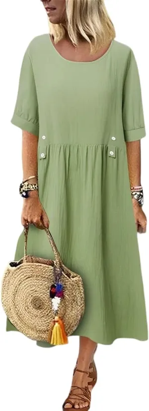 Women Fashion Short Sleeve Summer Dresses Casual Solid Linen Cotton Beach Midi Dress Plus Size