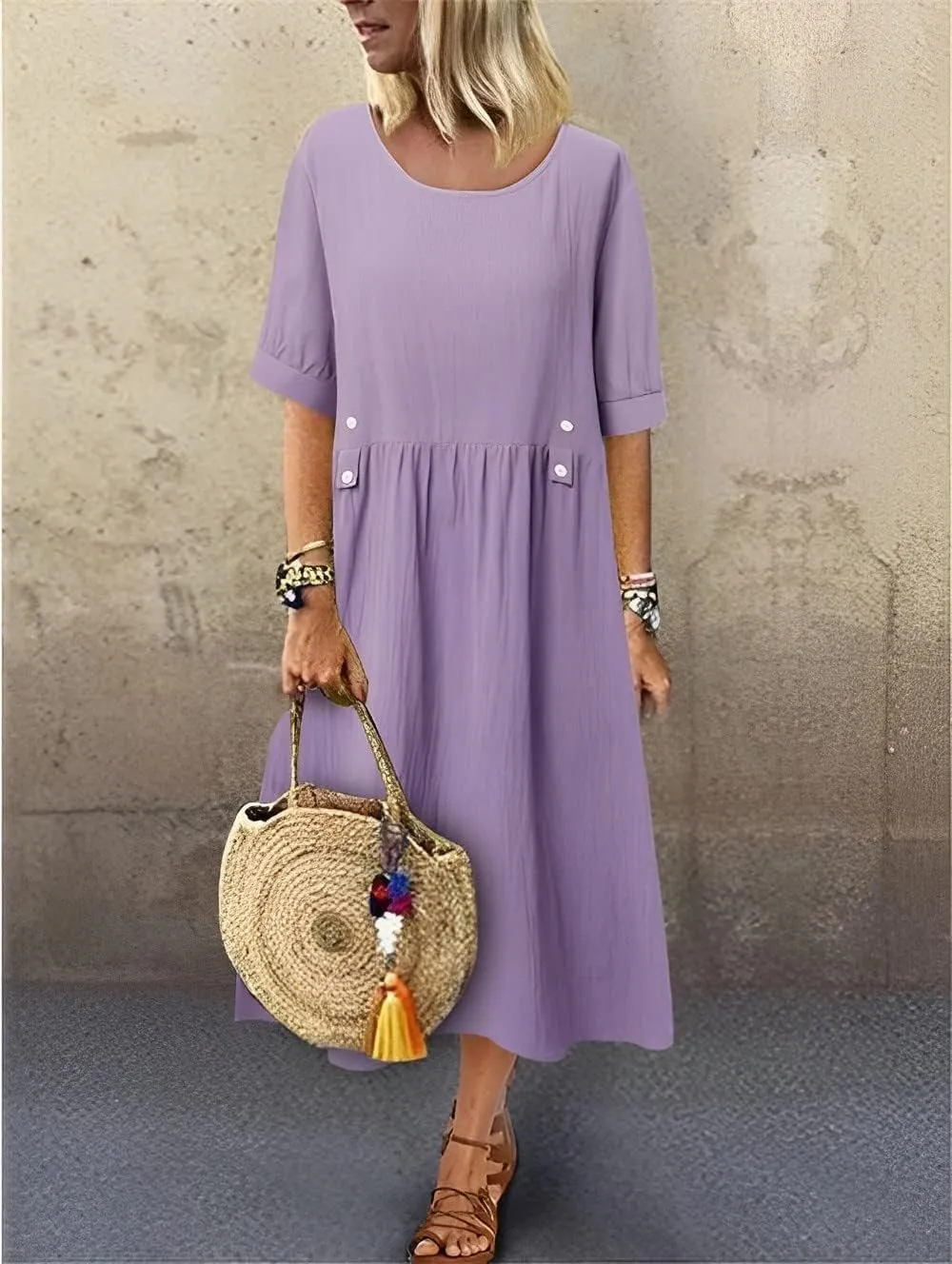 Women Fashion Short Sleeve Summer Dresses Casual Solid Linen Cotton Beach Midi Dress Plus Size