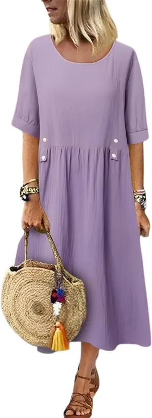 Women Fashion Short Sleeve Summer Dresses Casual Solid Linen Cotton Beach Midi Dress Plus Size