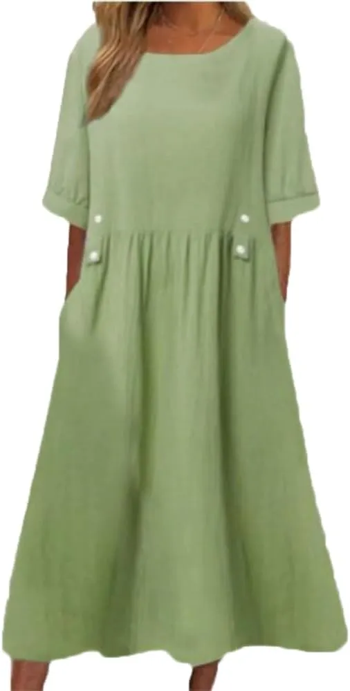 Women Fashion Short Sleeve Summer Dresses Casual Solid Linen Cotton Beach Midi Dress Plus Size