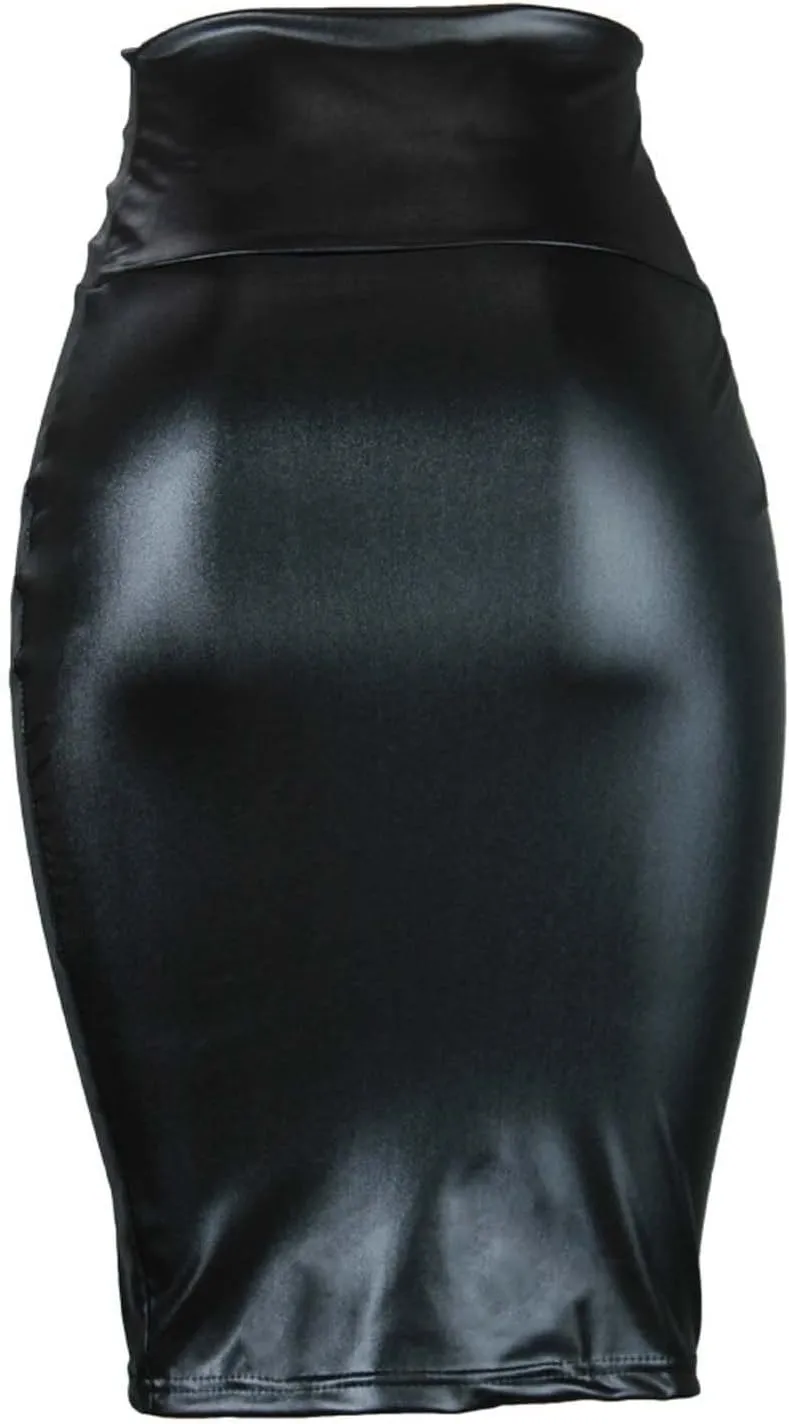 Women Faux PU Skirt High Waist Bodycon Midi Leather Skirt Office Work Mini Pencil Skirt Casual Slim Long Skirt