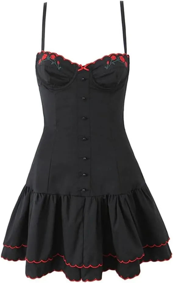 Women Floral Embroidery Spaghetti Straps Dress A-Line Holiday Party Lace Mini Dresses