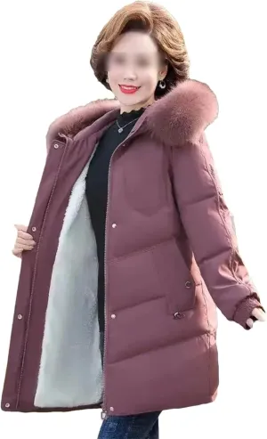 Women Hooded Cotton Down Jacket Winter Solid Thicken Warm Padded Coat Casual Middle-Aged Elderly Outwear