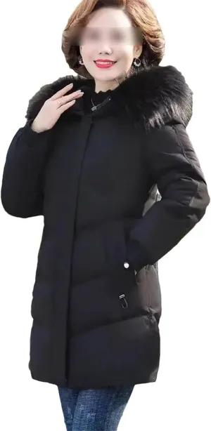 Women Hooded Cotton Down Jacket Winter Solid Thicken Warm Padded Coat Casual Middle-Aged Elderly Outwear